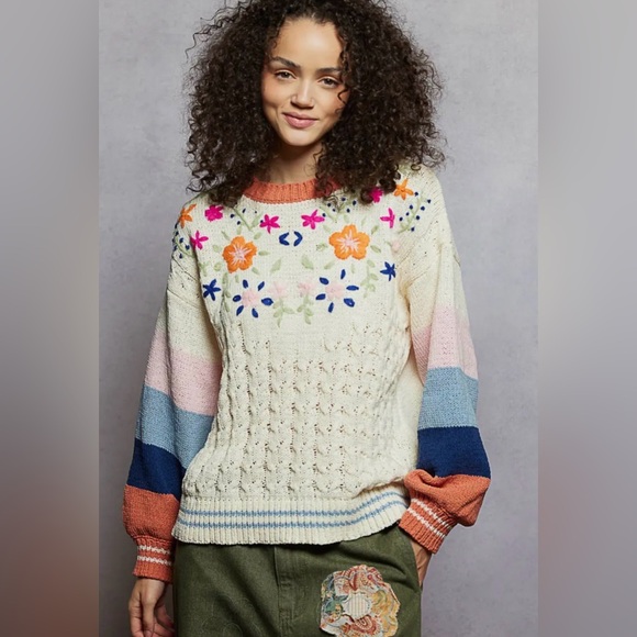 NWT Pol Floral Embroidered Color Block Chenille Sweater Balloon Sleeve Relaxed - Picture 3 of 5